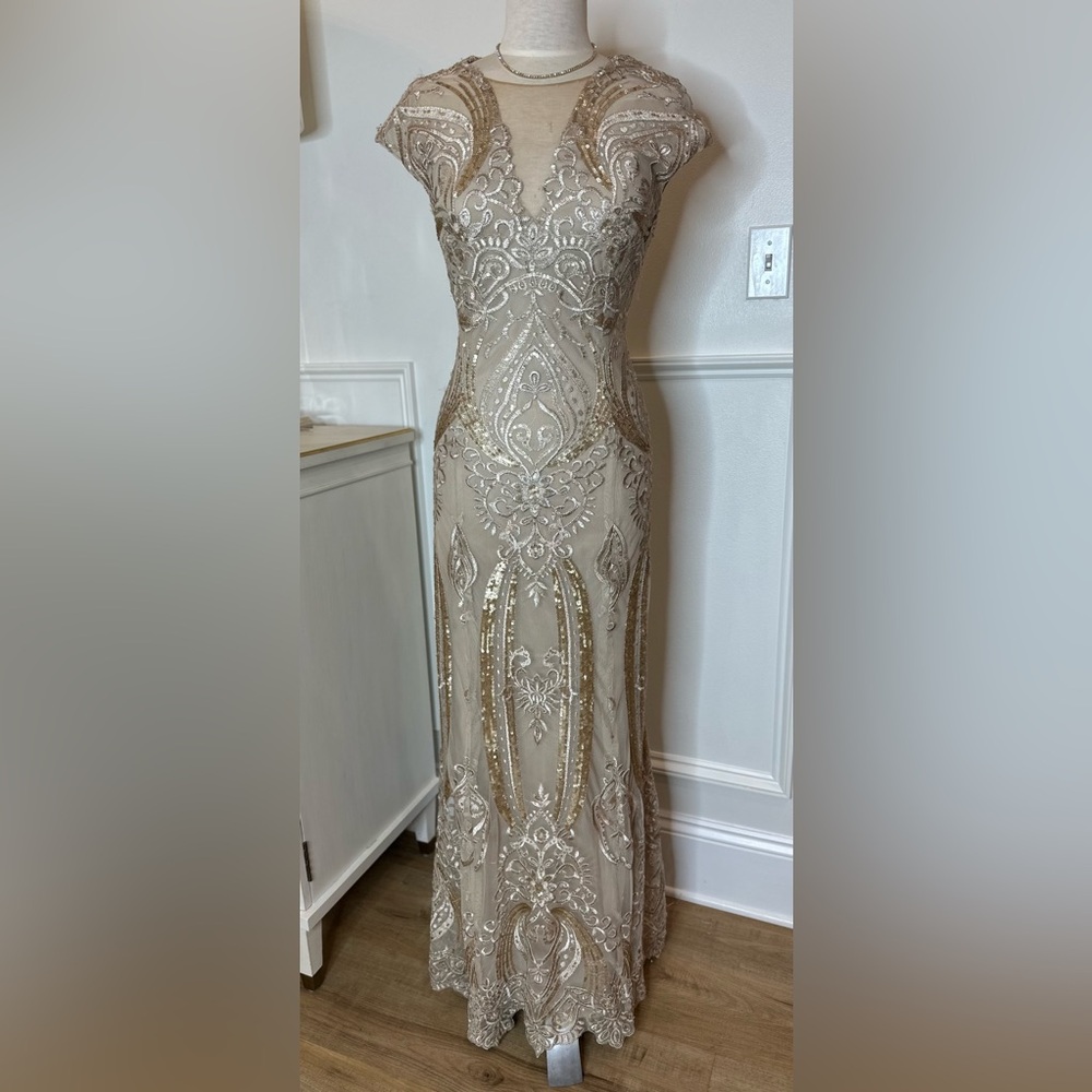 Jade Couture Beaded Embellished Champagne Evening Gown